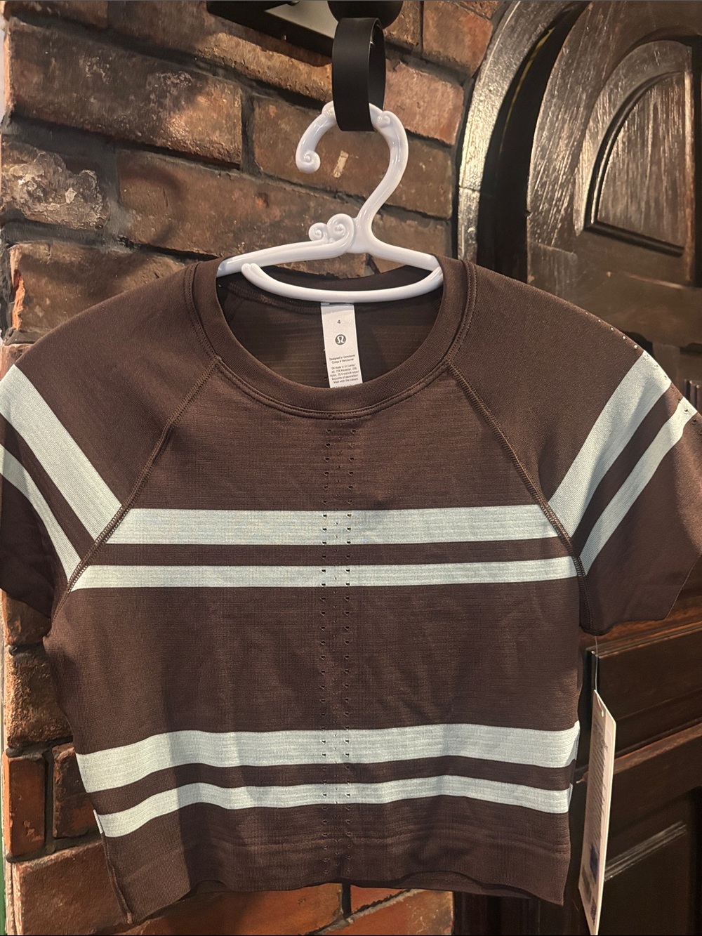 lululemon athletica Brown Tee with Light Blue Stripes